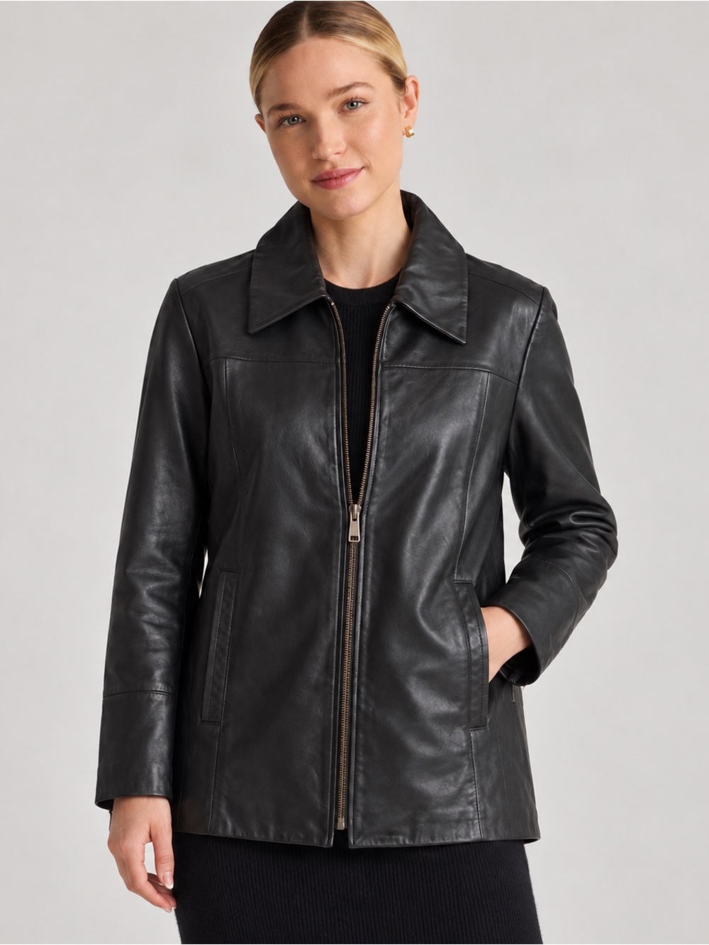 Sonoma Black Lambskin Leather Zip Front Jacket Classic Minimalist Medium